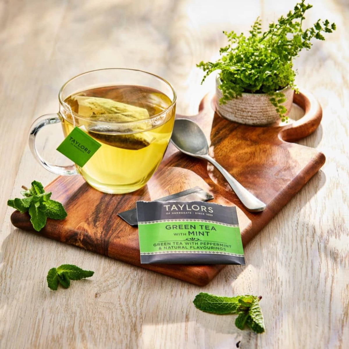 Green tea with mint tea bag box with cup of yellow tea and mint sprigs