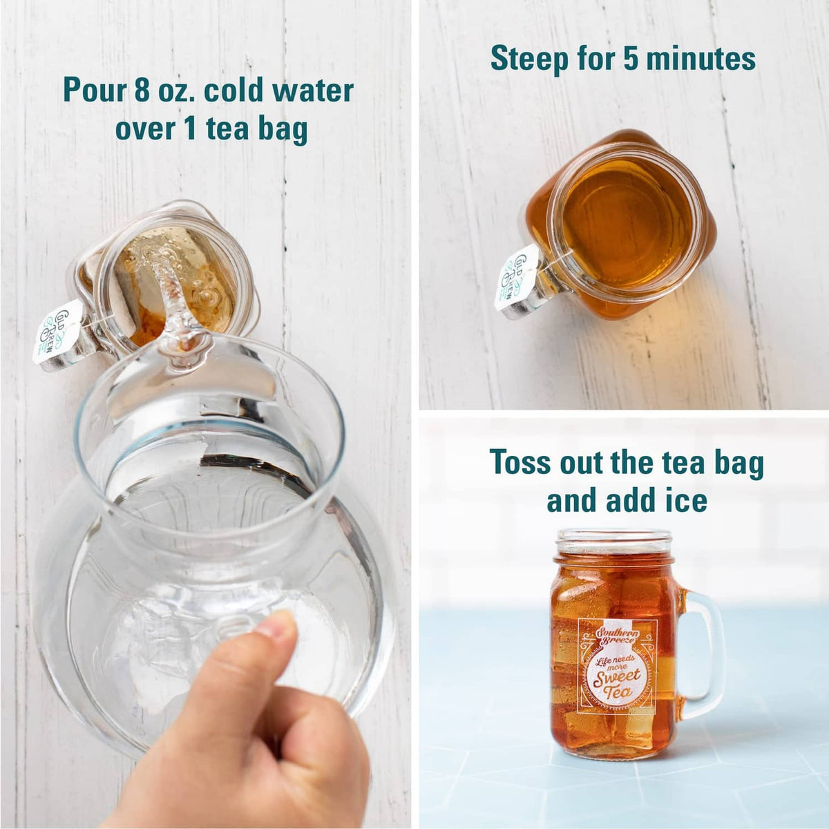 Blackberry cold brew tea brewing steps: steep tea bag, add ice, pour into jar