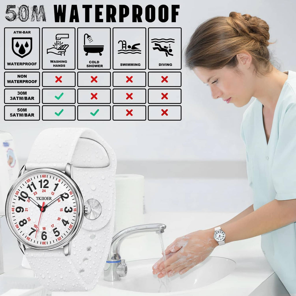 White TKIIOER watch with water-splash protection, round dial and silicone strap