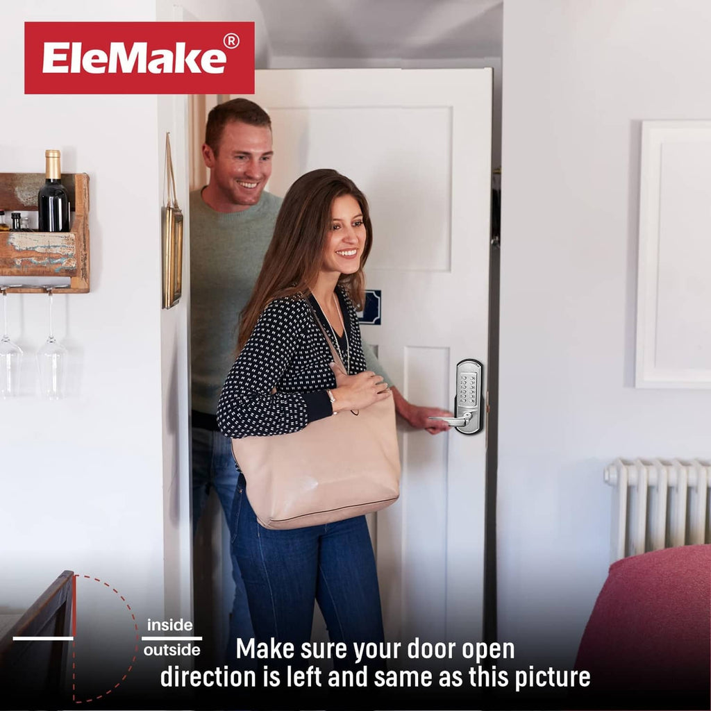 Left-handed keyless door lock with silver keypad handle used on a door.