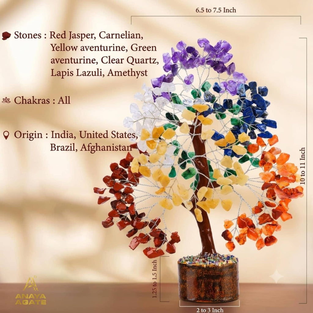 Seven-color gemstone chip crystal tree with silver wire branches on wooden base