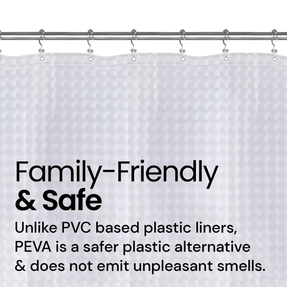 White PEVA shower curtain liner with top grommet hooks, textured diamond finish