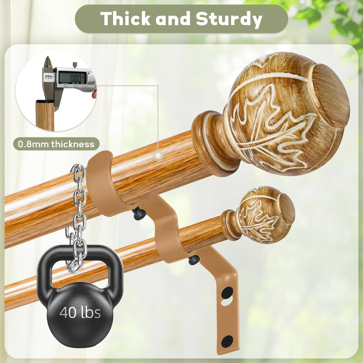 Natural wood adjustable curtain rod with leaf-pattern finials and U-shaped bracket
