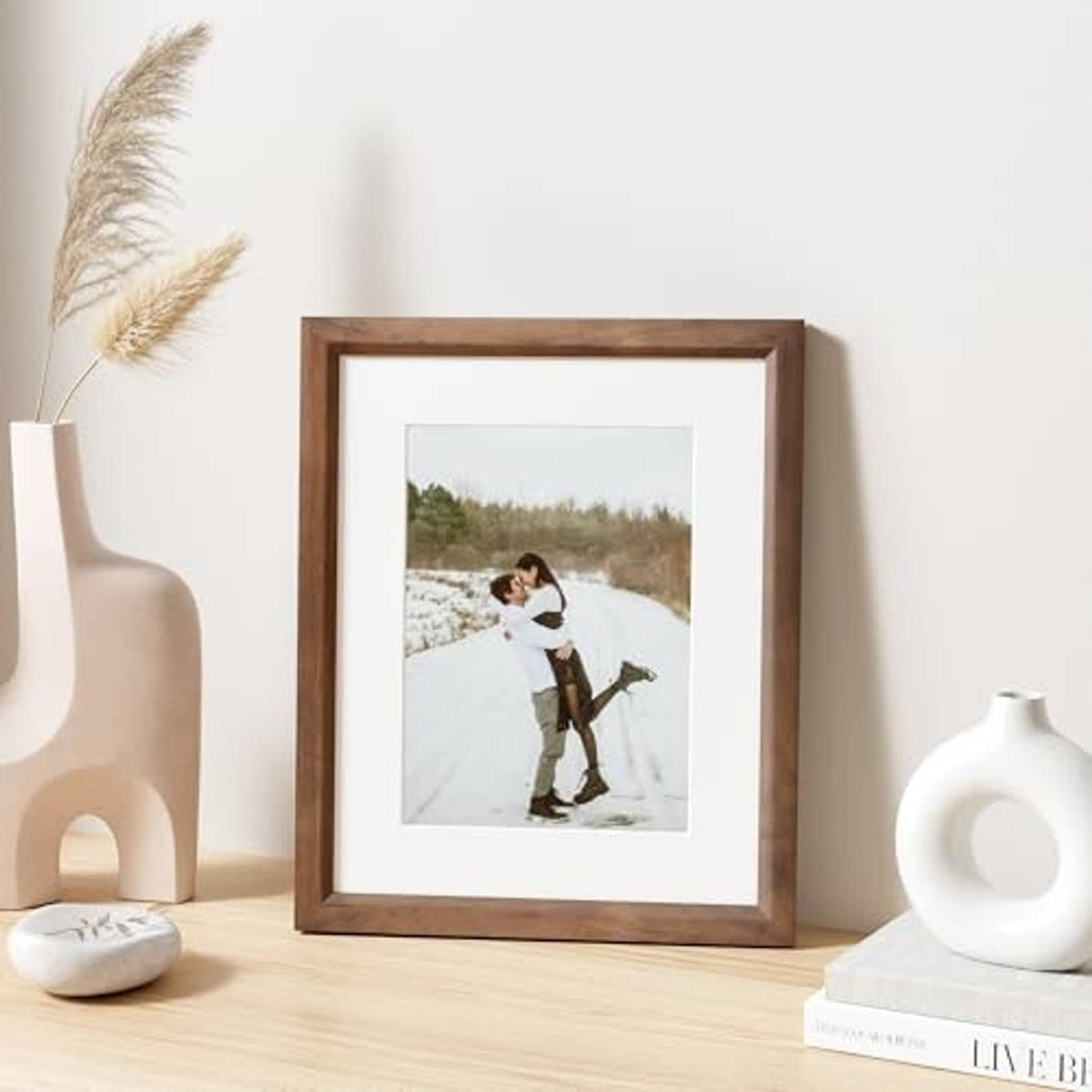 Walnut 8x10 picture frame with white mat and front glass, tabletop display style