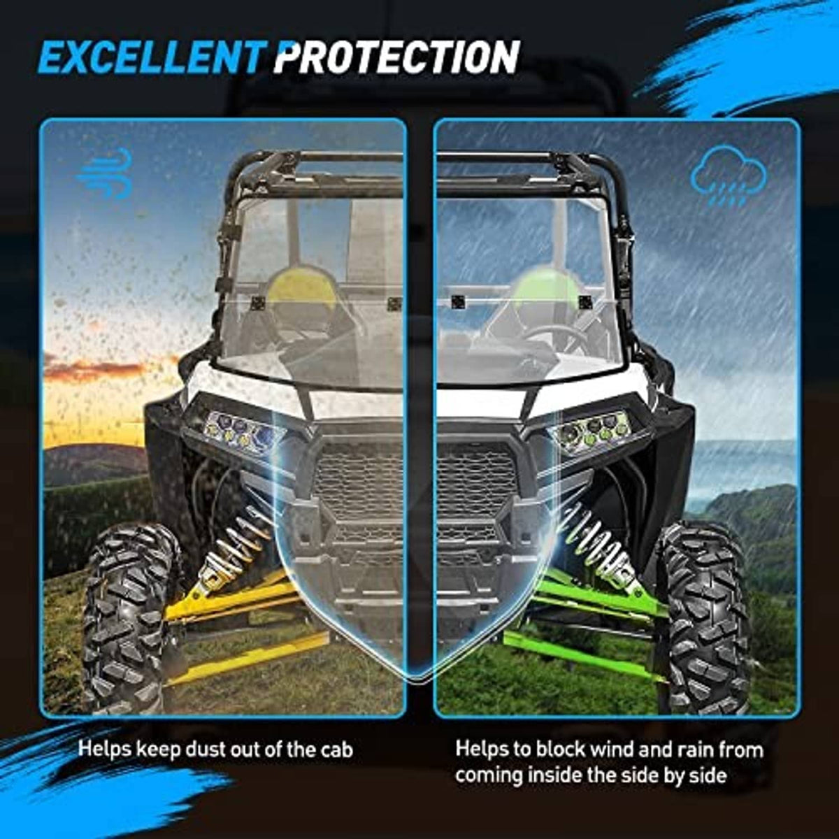 UTV fold-down windshield with clear panel and black frame to block wind and rain