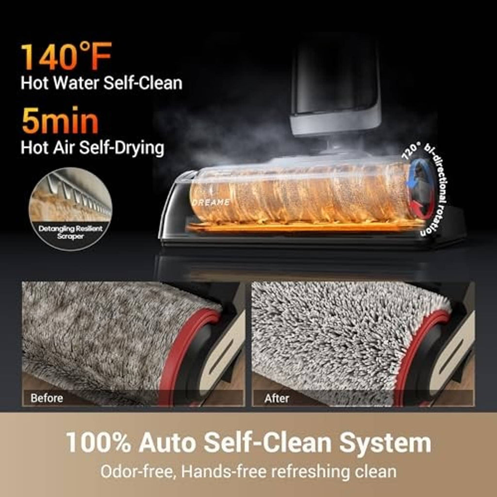 Cordless vacuum mop with transparent self-cleaning chamber over a wet brush pad.