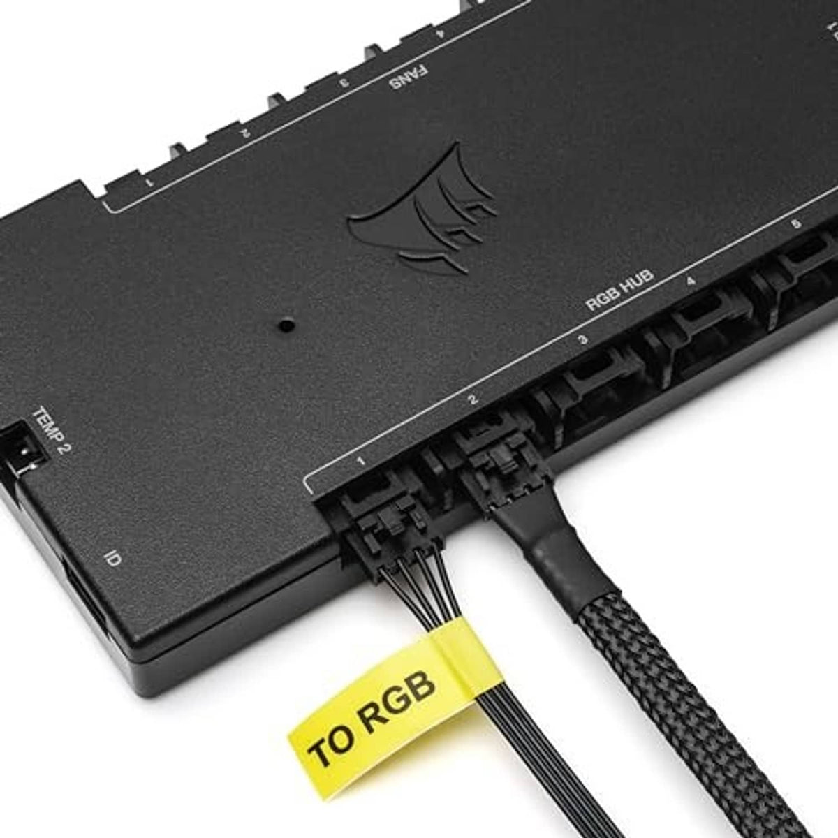4-pin ARGB adapter cable connected to a black RGB hub header
