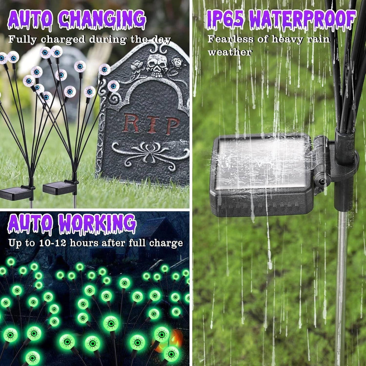 Waterproof outdoor solar Halloween stake lights with clear control box and green LEDs