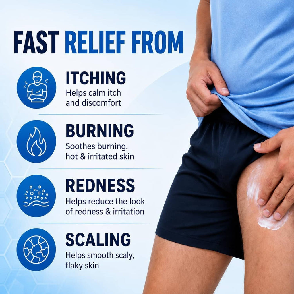 Hermon Jock Itch antifungal cream applied to leg skin, white cream on hand