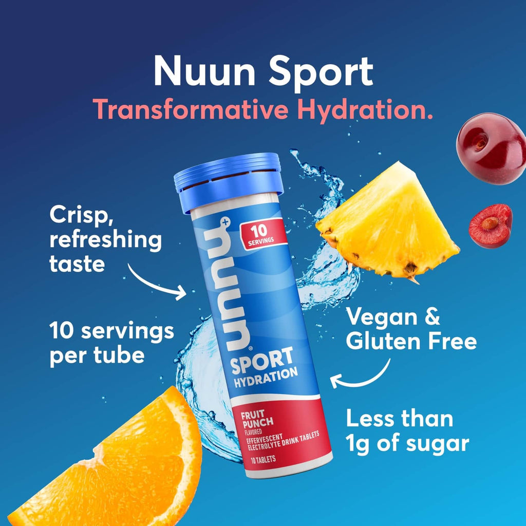 Nuun Sport electrolyte tablets tube, Fruit Punch flavor with 10 servings label