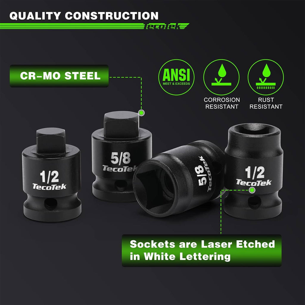 Black square drive sockets with white-etched size markings, 1/2 and 5/8 shown