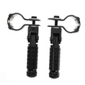 Black motorcycle footrest pair with textured rubber grips and metal mounting brackets