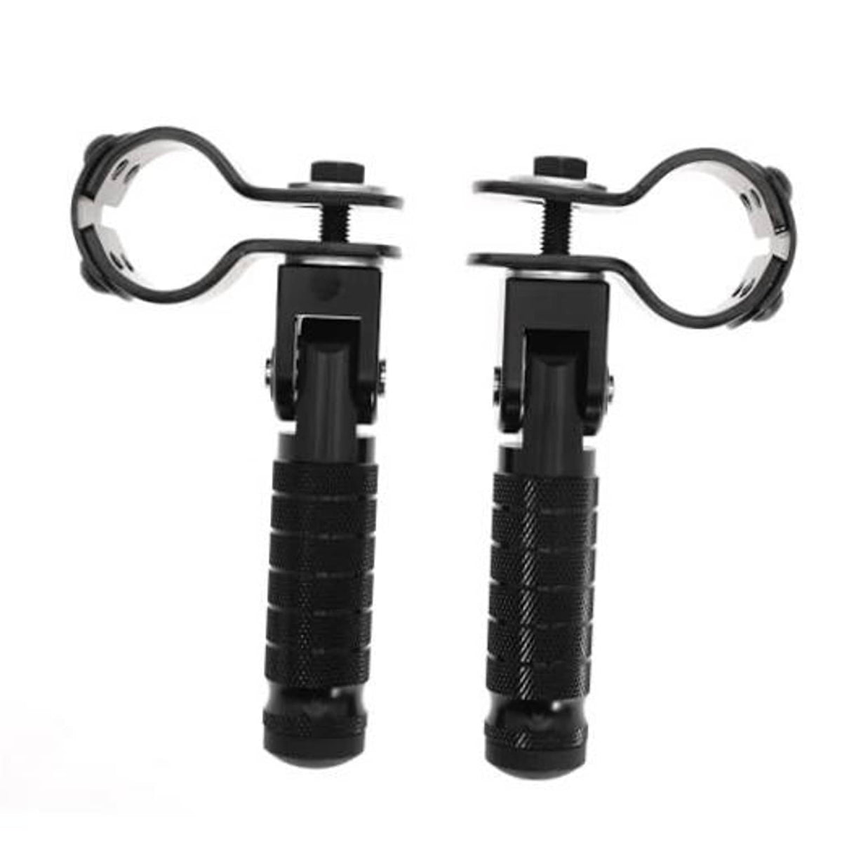 Black motorcycle footrest pair with textured rubber grips and metal mounting brackets