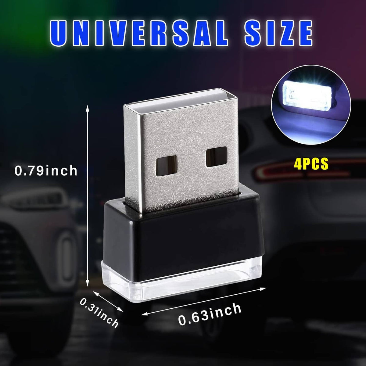 USB LED car interior light, silver USB plug with clear lens and bright white LED