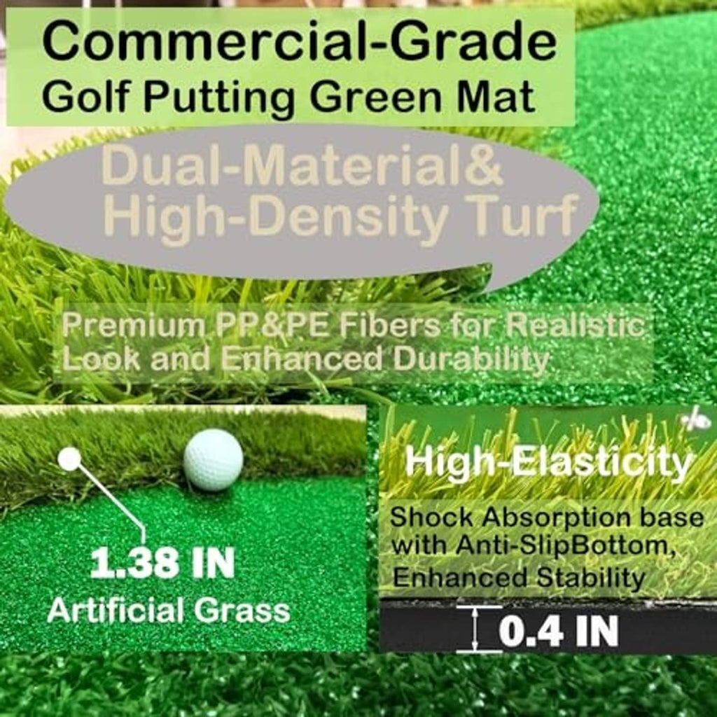 Golf putting green mat close-up of green artificial turf and cushioned base
