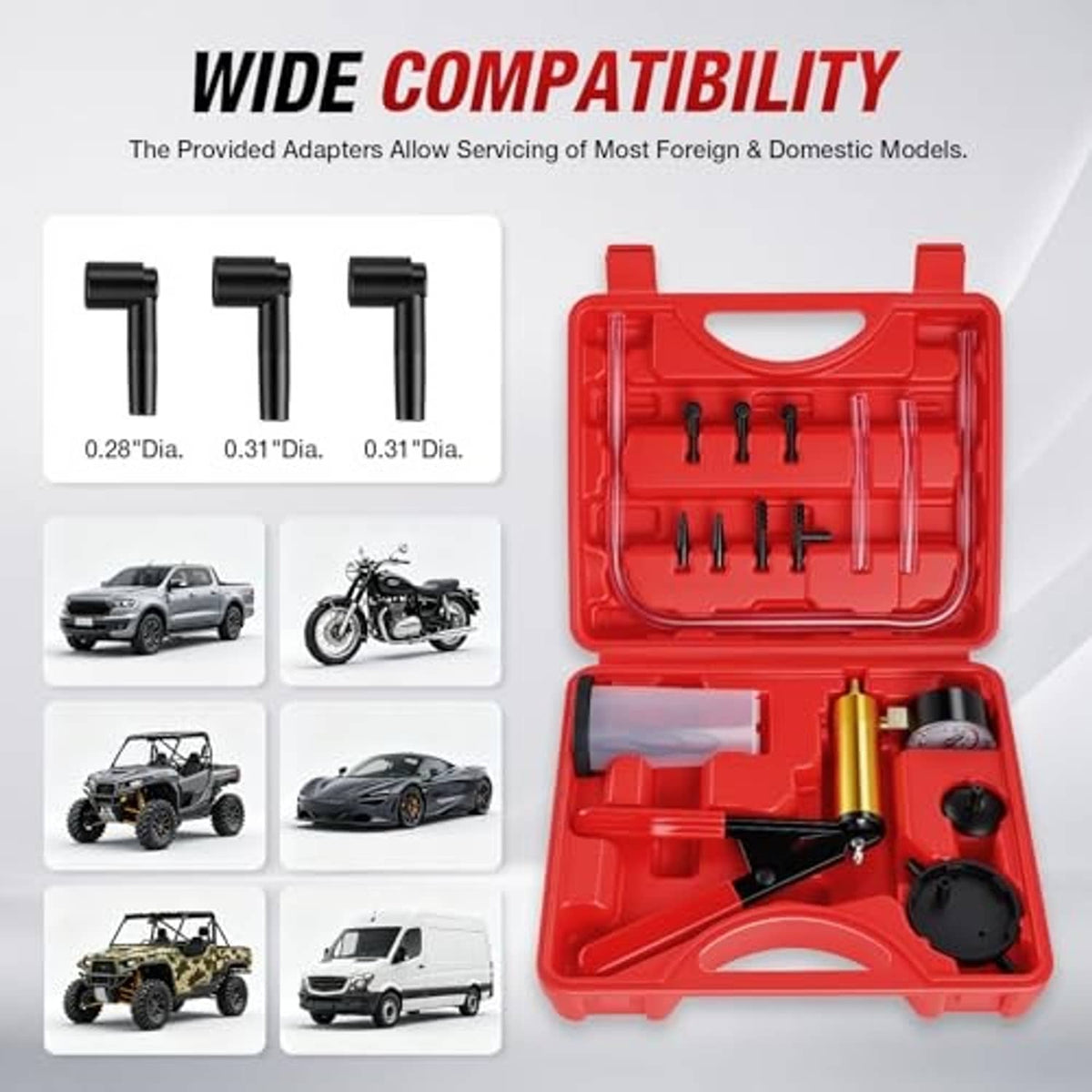 Brake bleeder kit in red plastic case with adapters and vacuum pump gauge