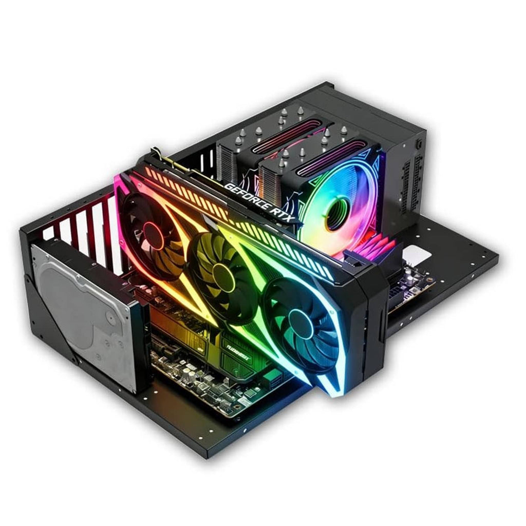 Open-frame gaming computer case rack with multiple RGB fans and exposed internal hardware