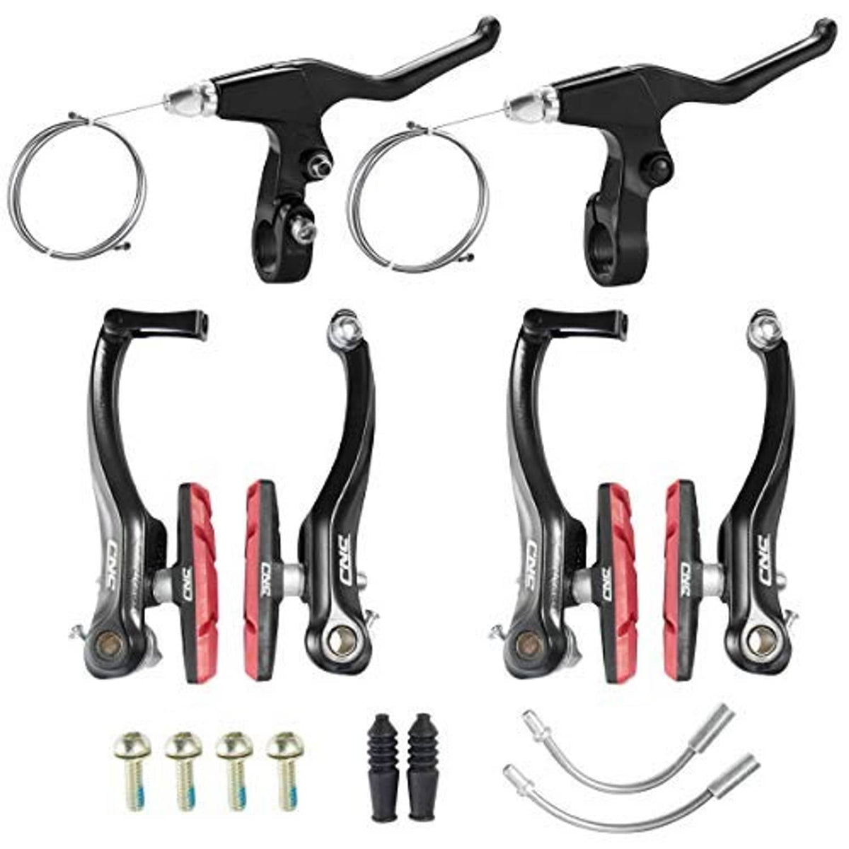 Bicycle V-brake set with black calipers, red pads, cable set and mounting bolts