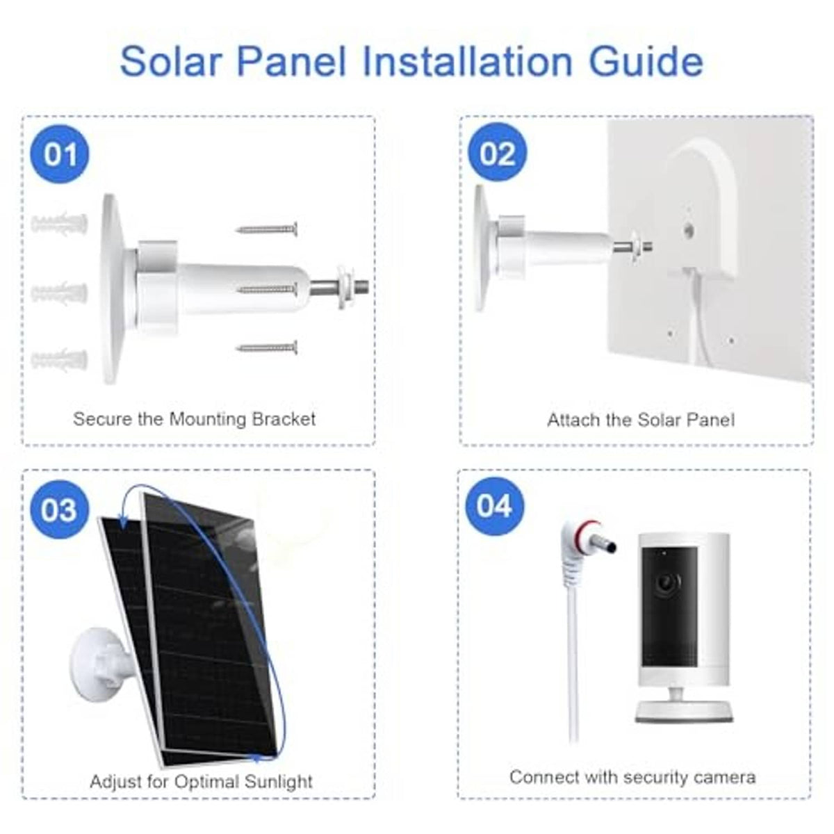 Solar panel installation guide with mounting steps and connected security camera