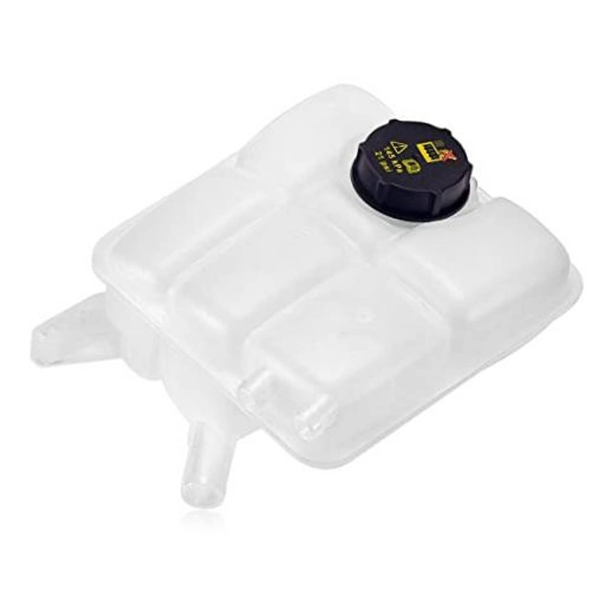 Coolant reservoir tank with black cap, white plastic container