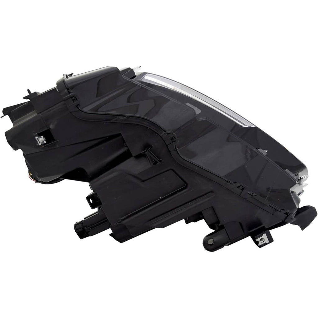 Right LED headlight housing and lens cover, black plastic with internal parts