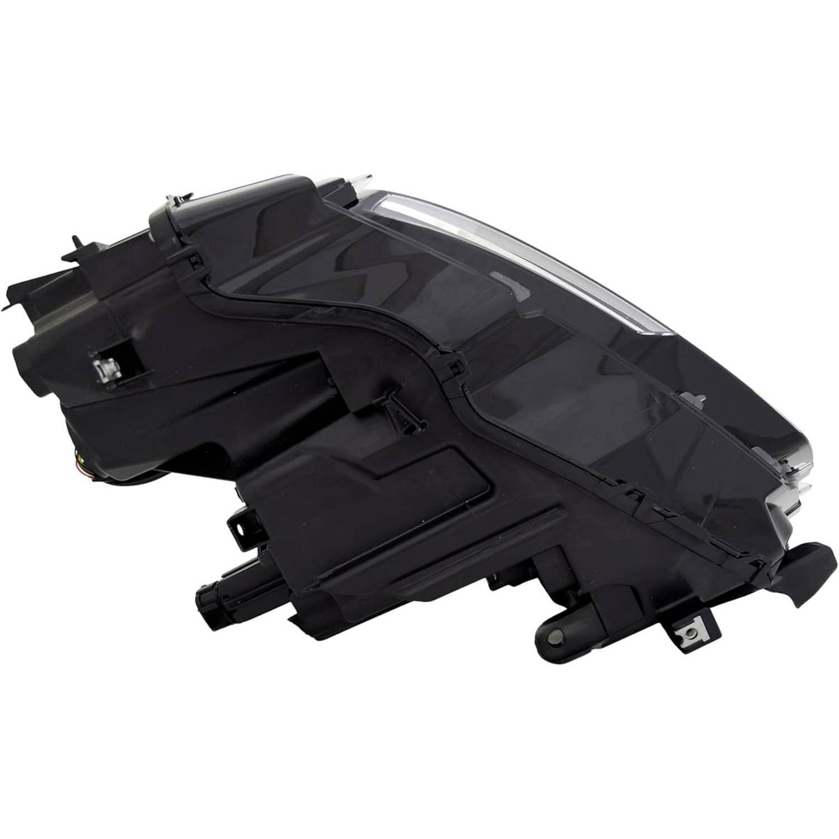Right LED headlight housing and lens cover, black plastic with internal parts