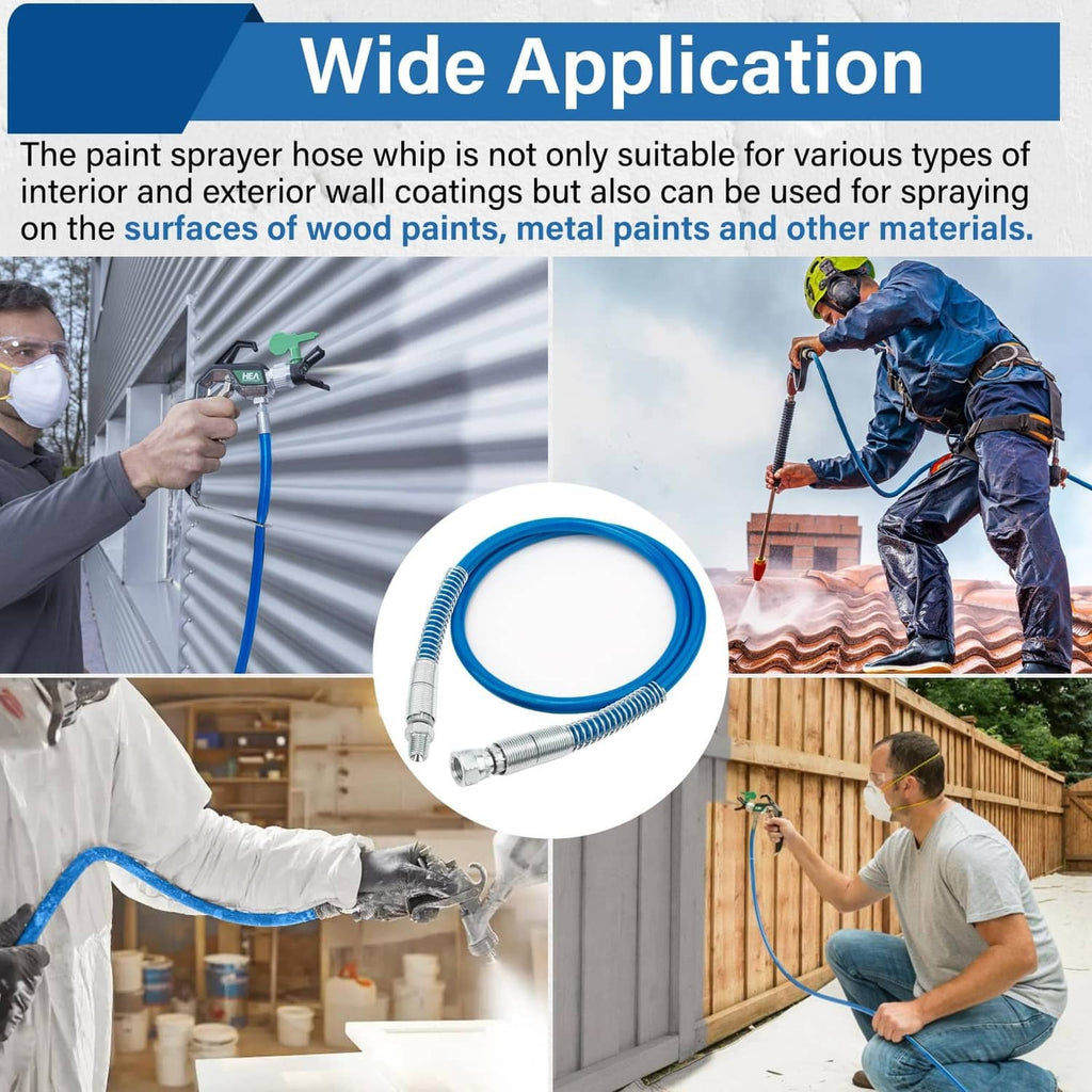 Blue airless spray hose whip with metal couplings for exterior painting