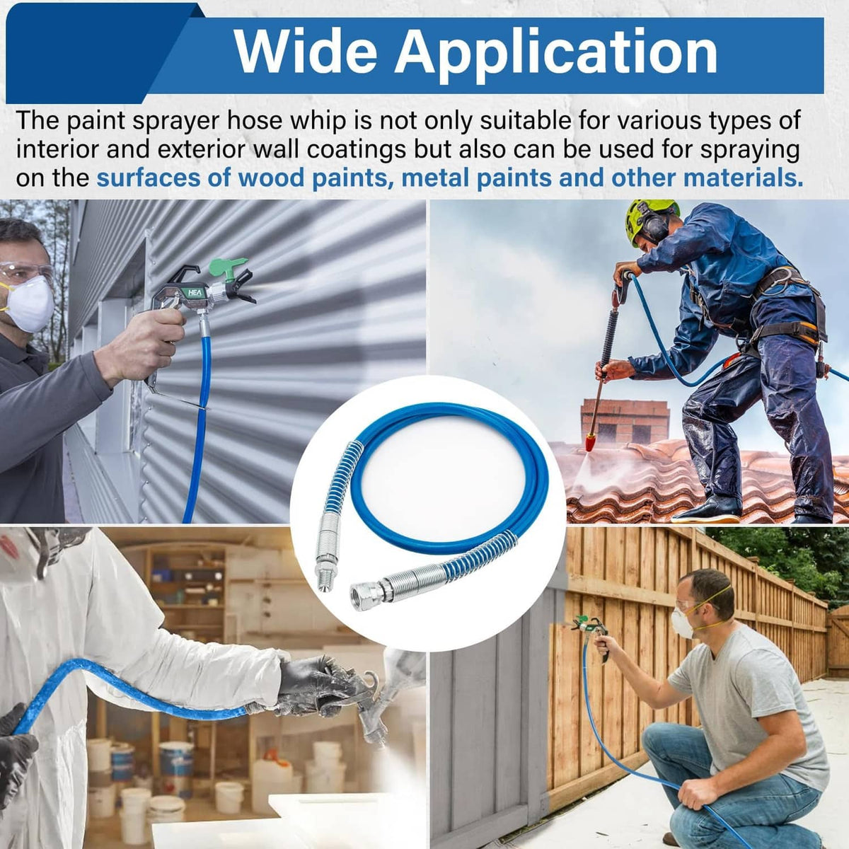 Blue airless spray hose whip with metal couplings for exterior painting