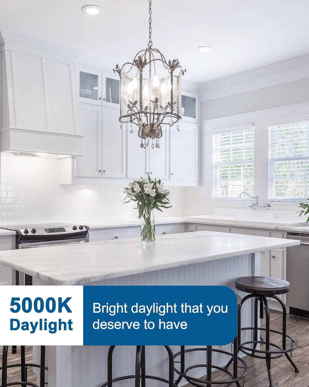 LED candelabra bulbs in bright 5000K daylight setting with visible lamps and chandelier.