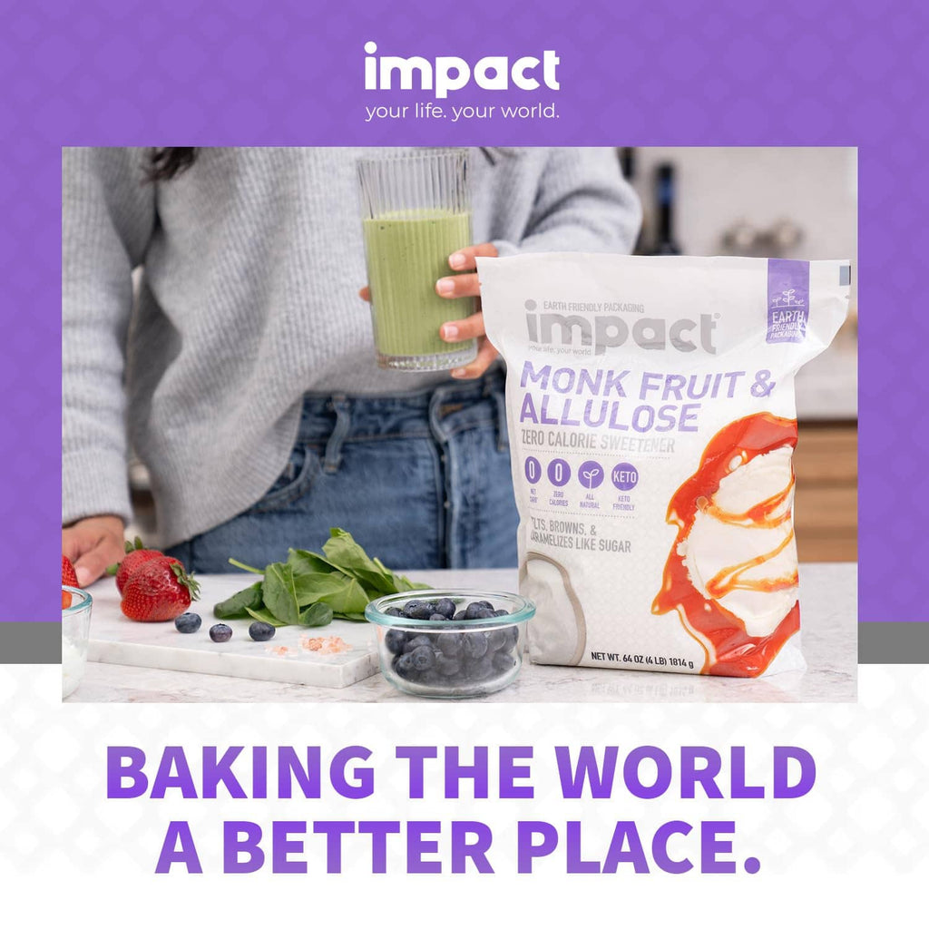 Impact monk fruit & allulose sweetener pouch on kitchen counter near measuring cup