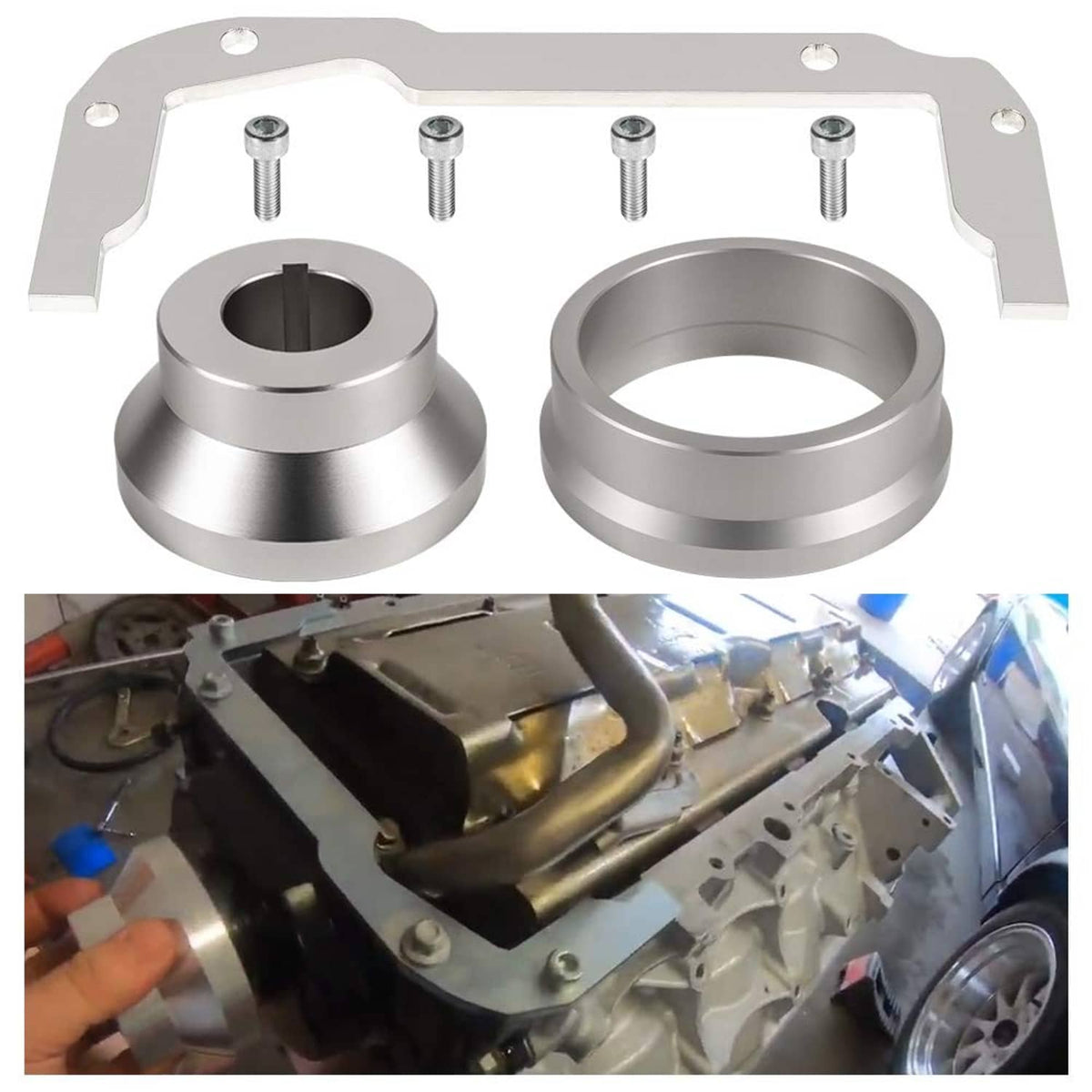 Silver billet alignment tool with two ring adapters and mounting plate with bolts