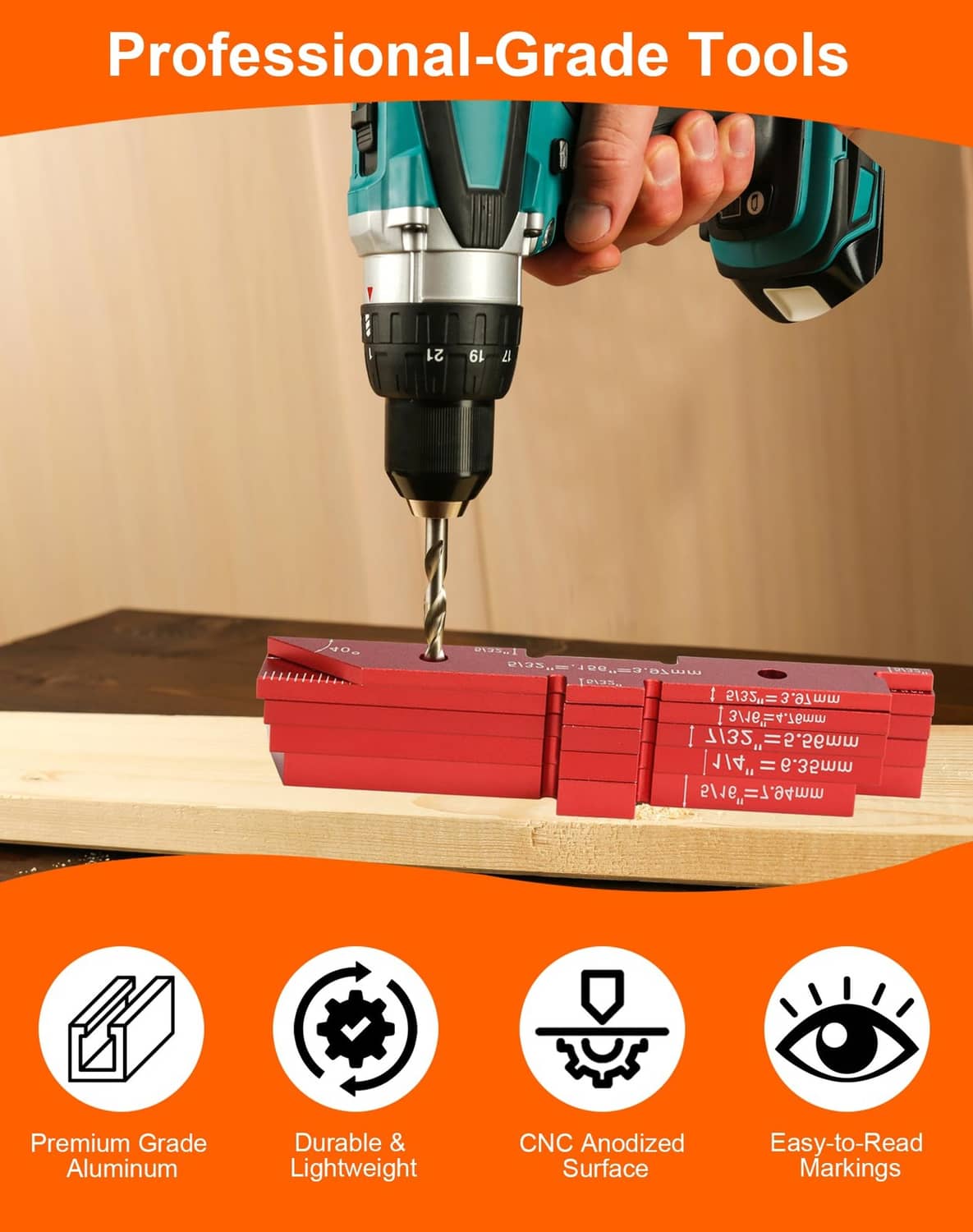 Red aluminum woodworking setup blocks with drill bit on a wooden workpiece