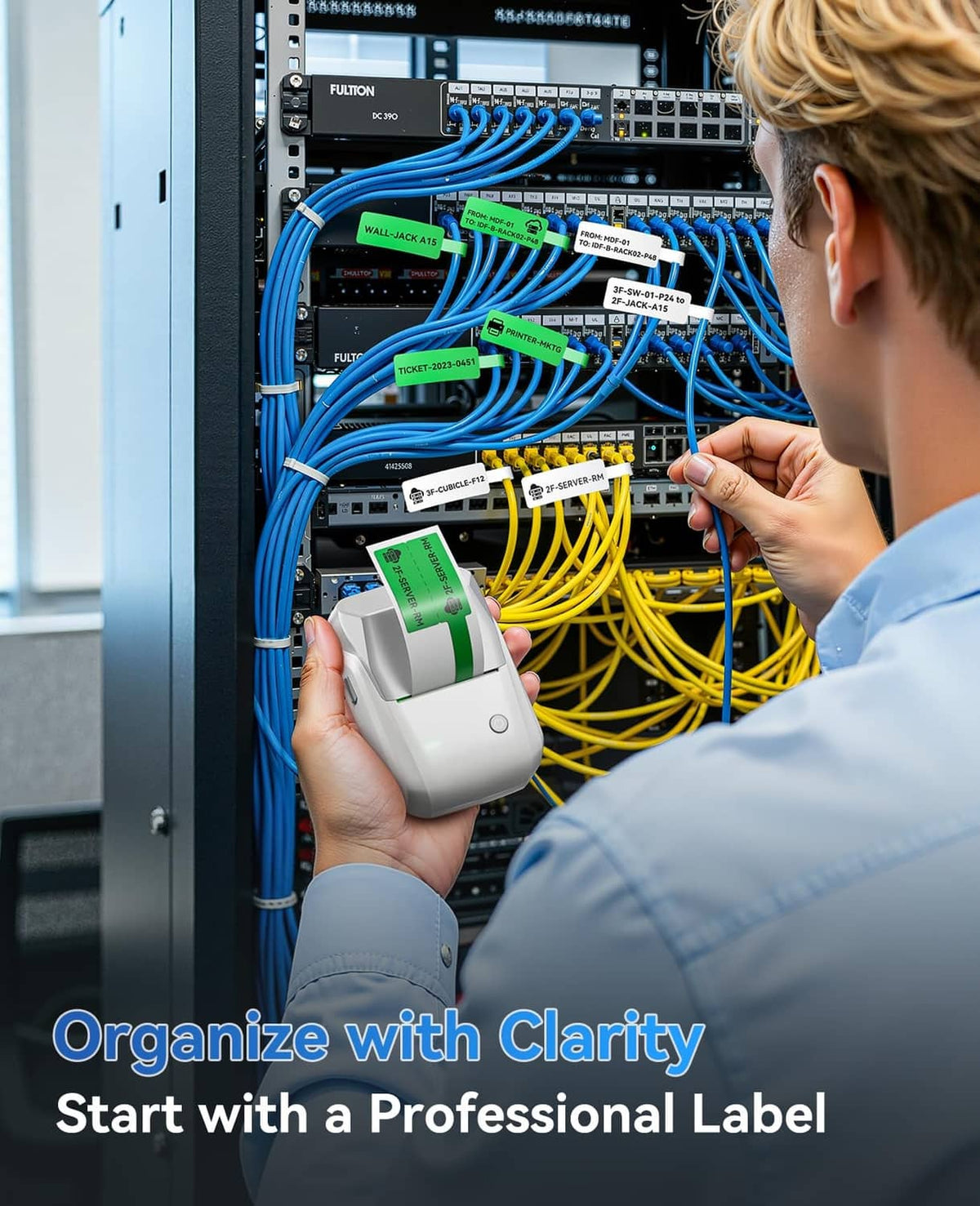 Grey label printer in hand near network cables with label printing