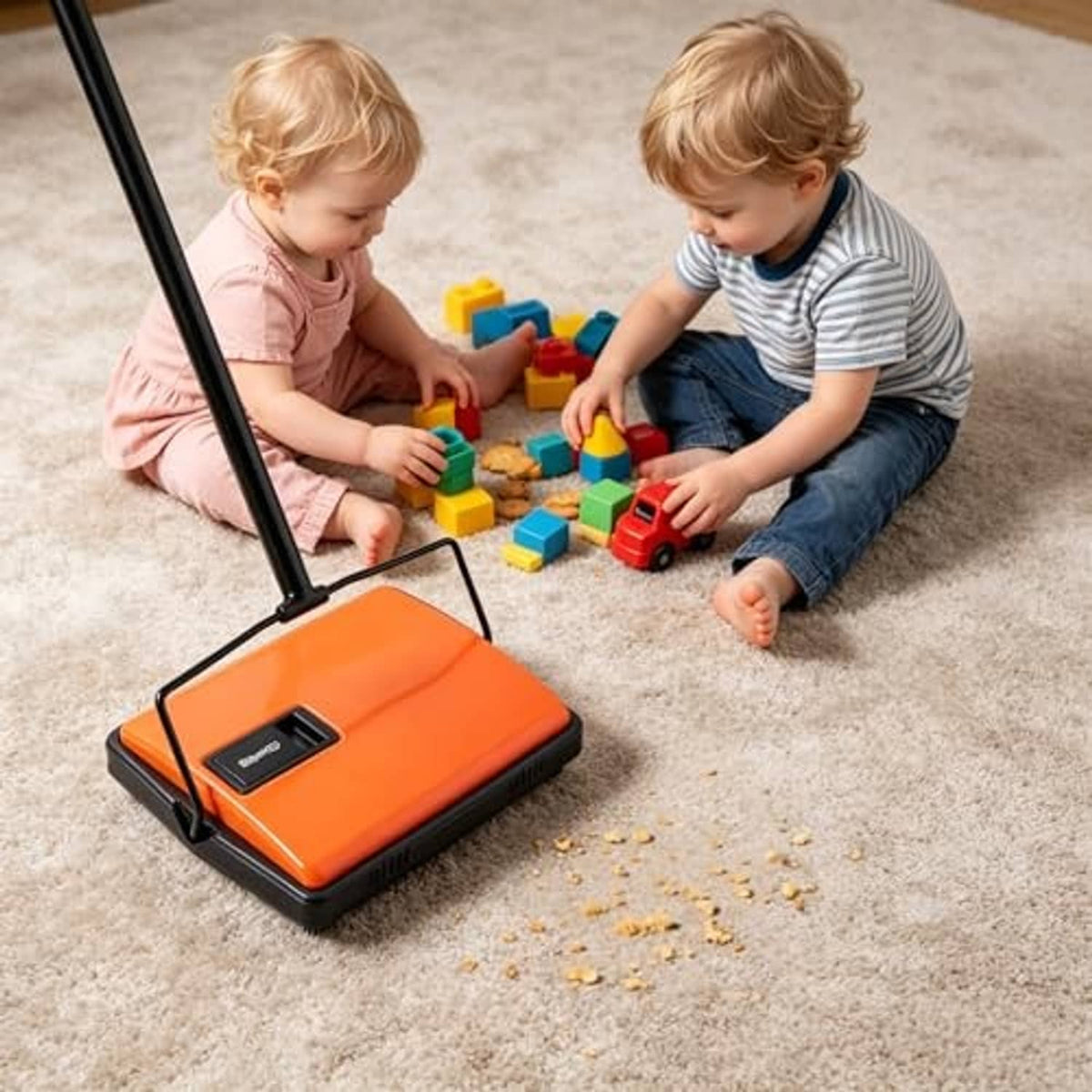 Orange handheld carpet sweeper on floor with brush head lowered