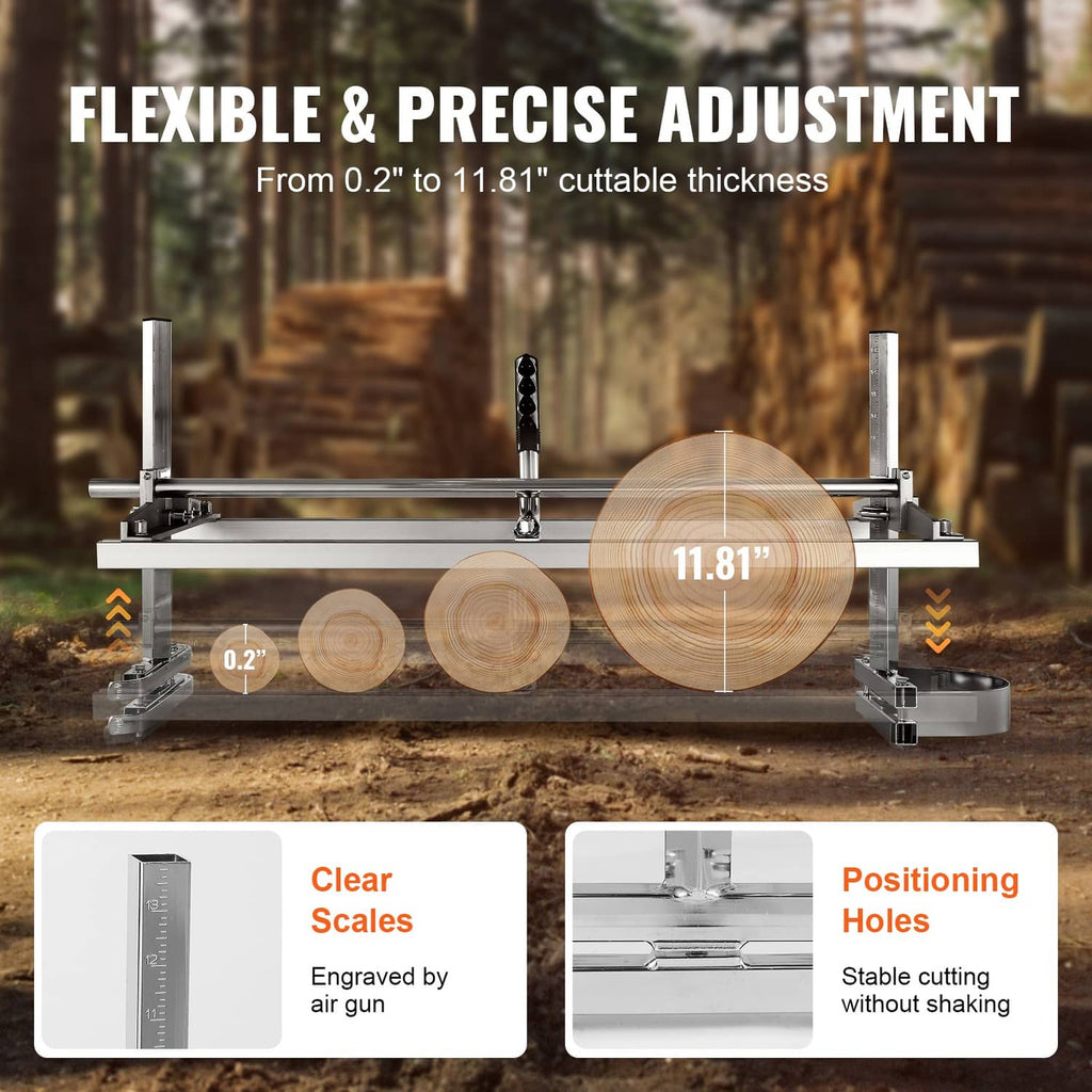 Adjustable chainsaw mill for 0.2–11.81 in cutting thickness, silver guide rails