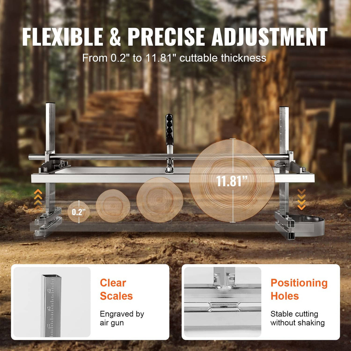 Adjustable chainsaw mill for 0.2–11.81 in cutting thickness, silver guide rails