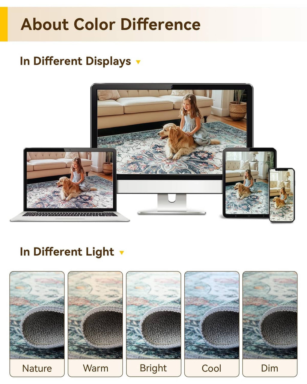 Area rug color-difference comparison with multiple lighting tone swatches