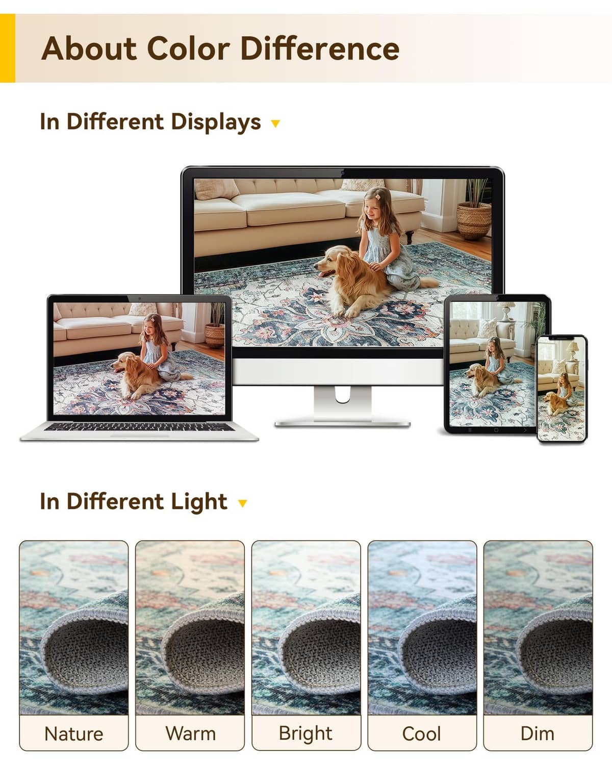 Area rug color-difference comparison with multiple lighting tone swatches
