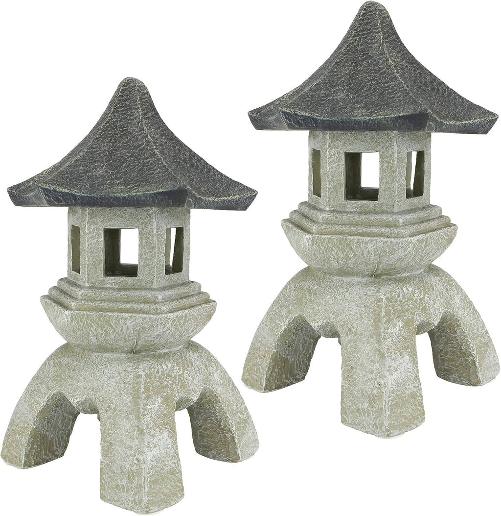 Set of 2 large cast stone pagoda lantern statues, one front and one side view with open windows