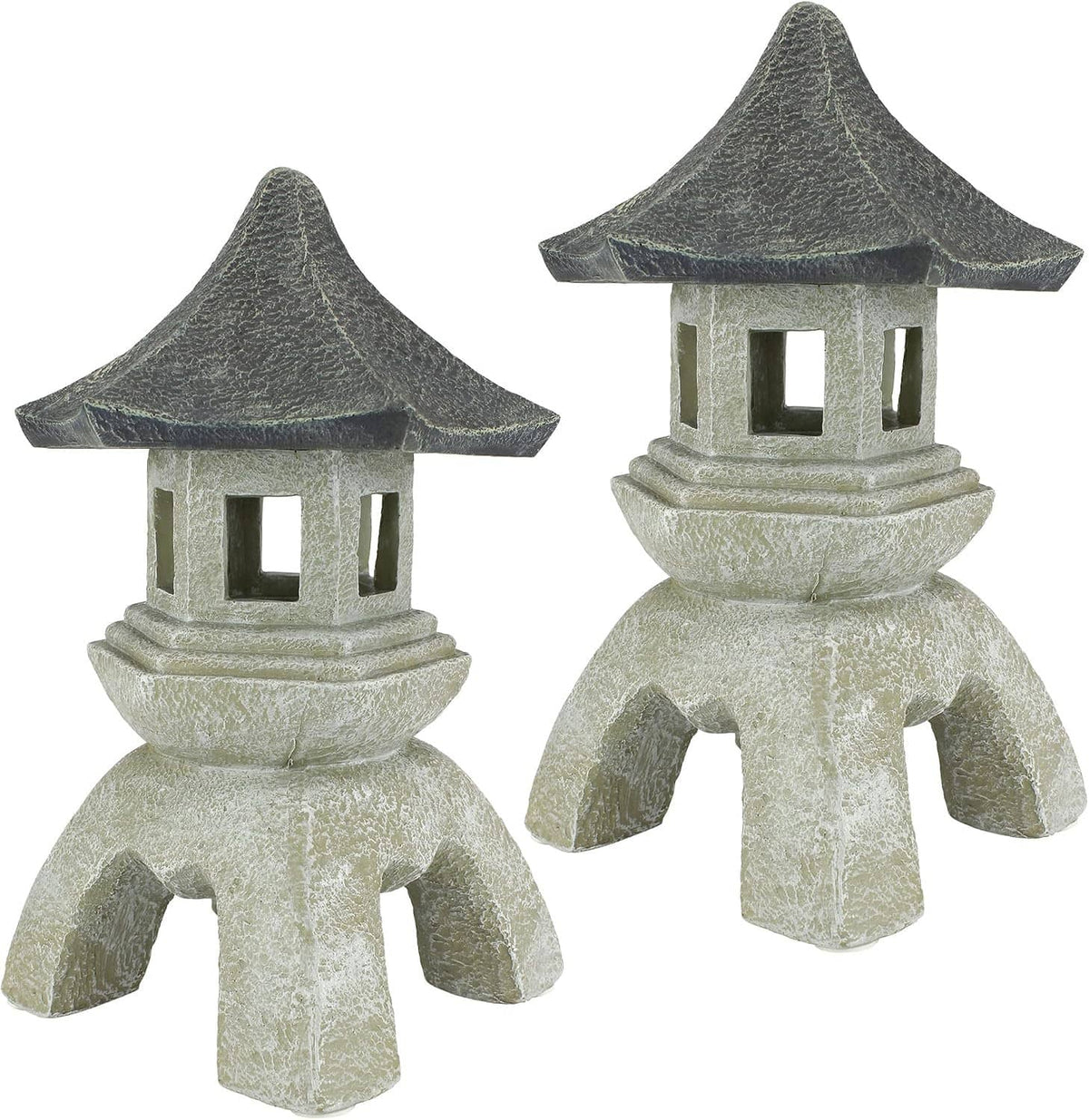 Set of 2 large cast stone pagoda lantern statues, one front and one side view with open windows