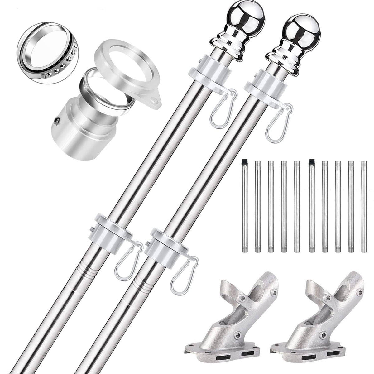 Silver 6 ft flag pole kit with two poles, ball finials, rings, and mounting brackets