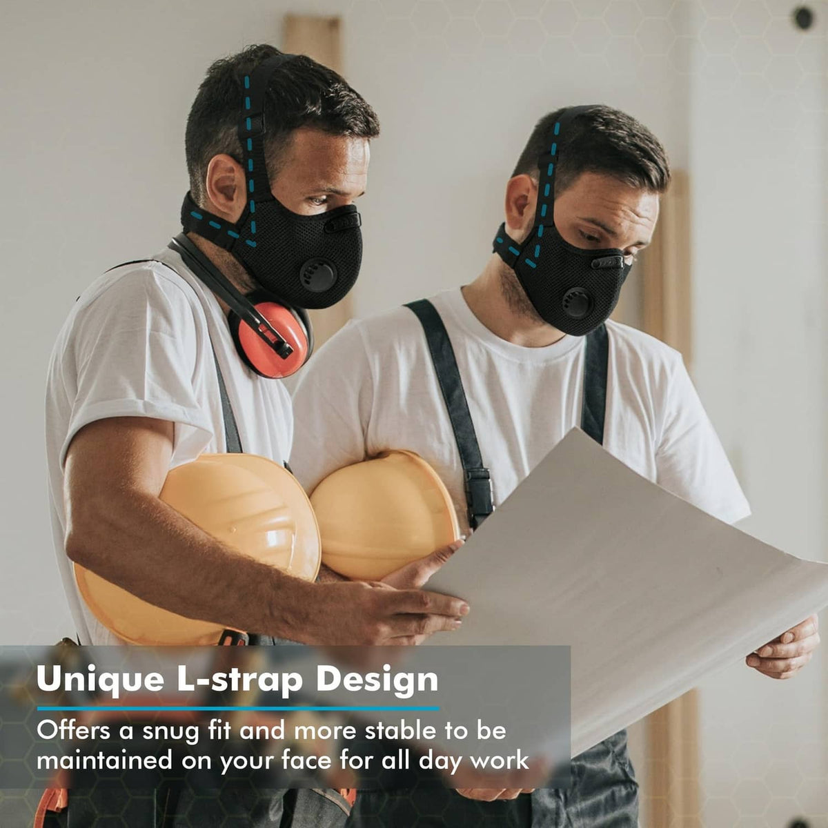 Two people wearing black respirator dust masks with head straps and face-cover valves