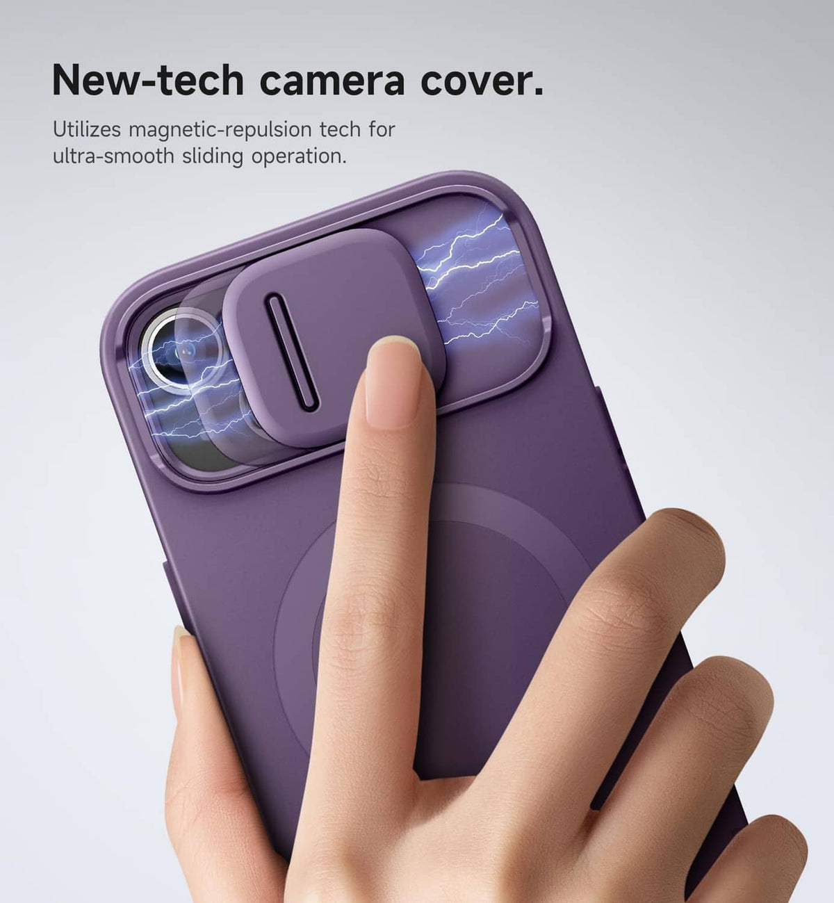 Dark purple iPhone case with sliding camera cover and finger press