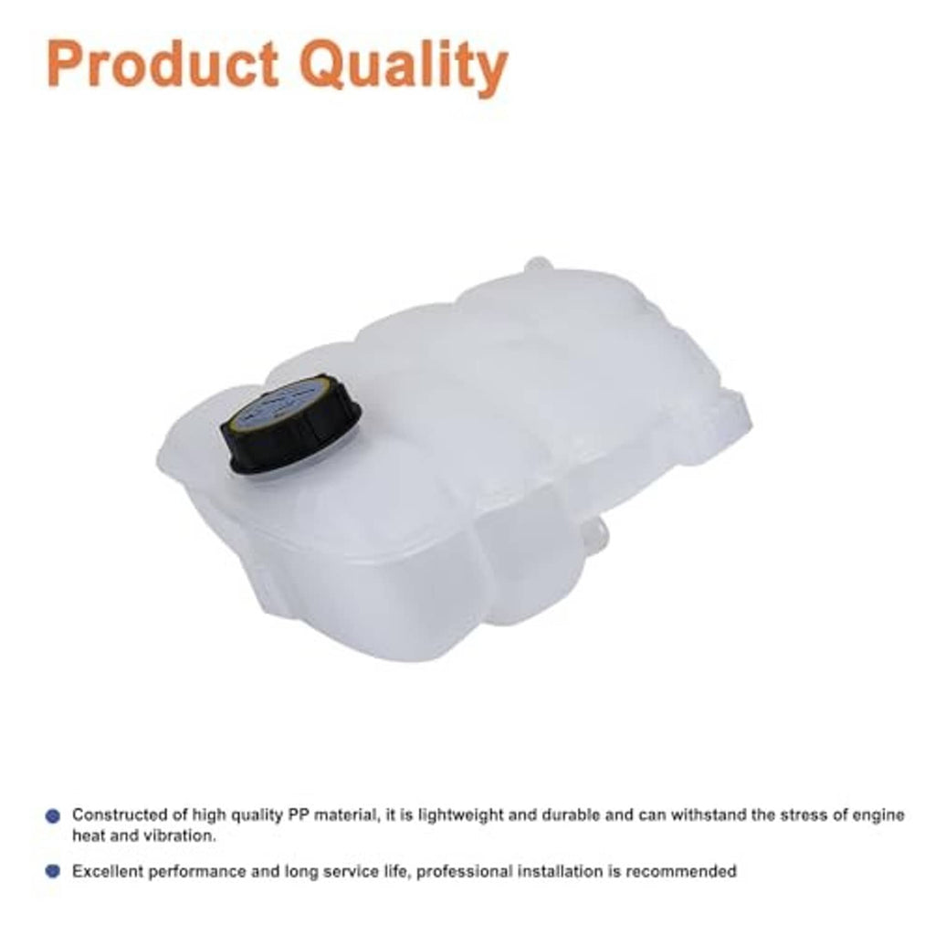 White coolant reservoir tank with cap on top and side vent tabs