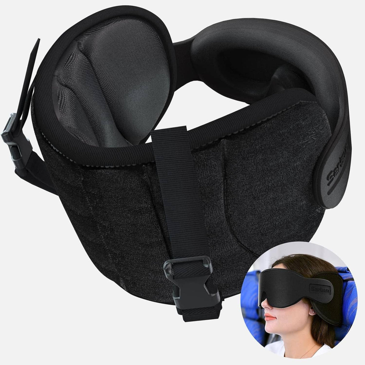 Black travel neck pillow with adjustable headrest straps