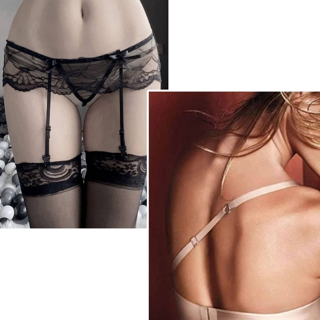Black lace lingerie garter set with suspender straps and lace trim