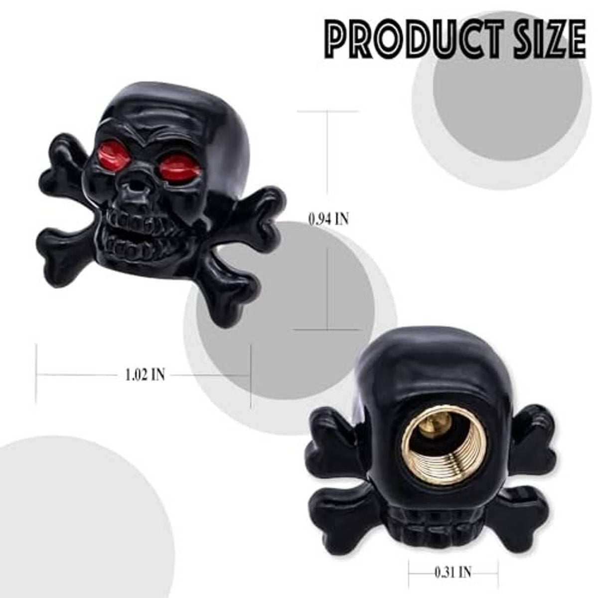 Single black skull tire valve stem cap with red eyes and brass valve opening