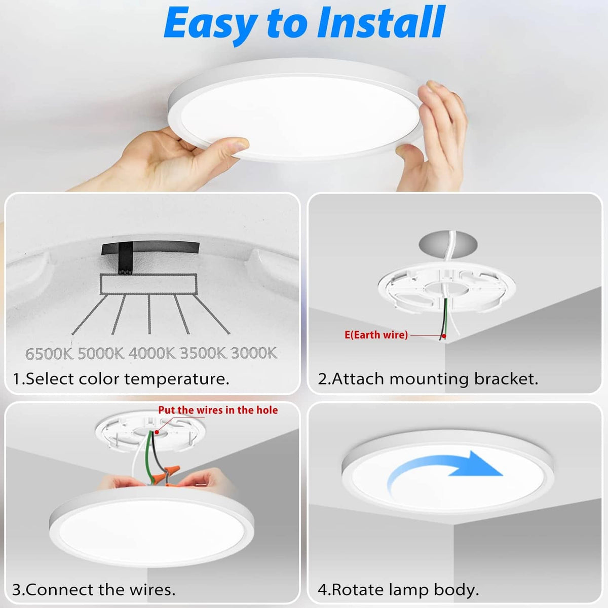7-inch round white LED ceiling light with installation and wire-connection steps