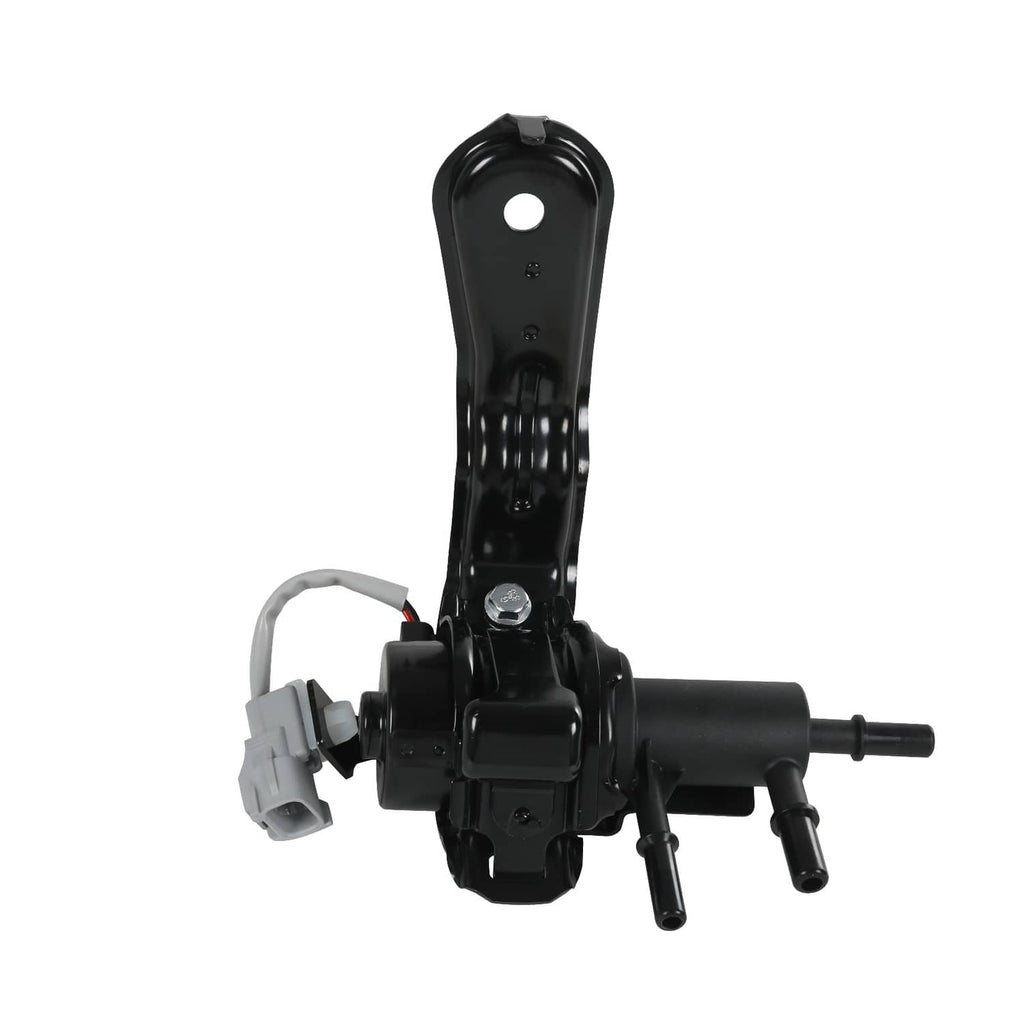 Black fuel tank valve assembly with tall mounting bracket and electrical plug