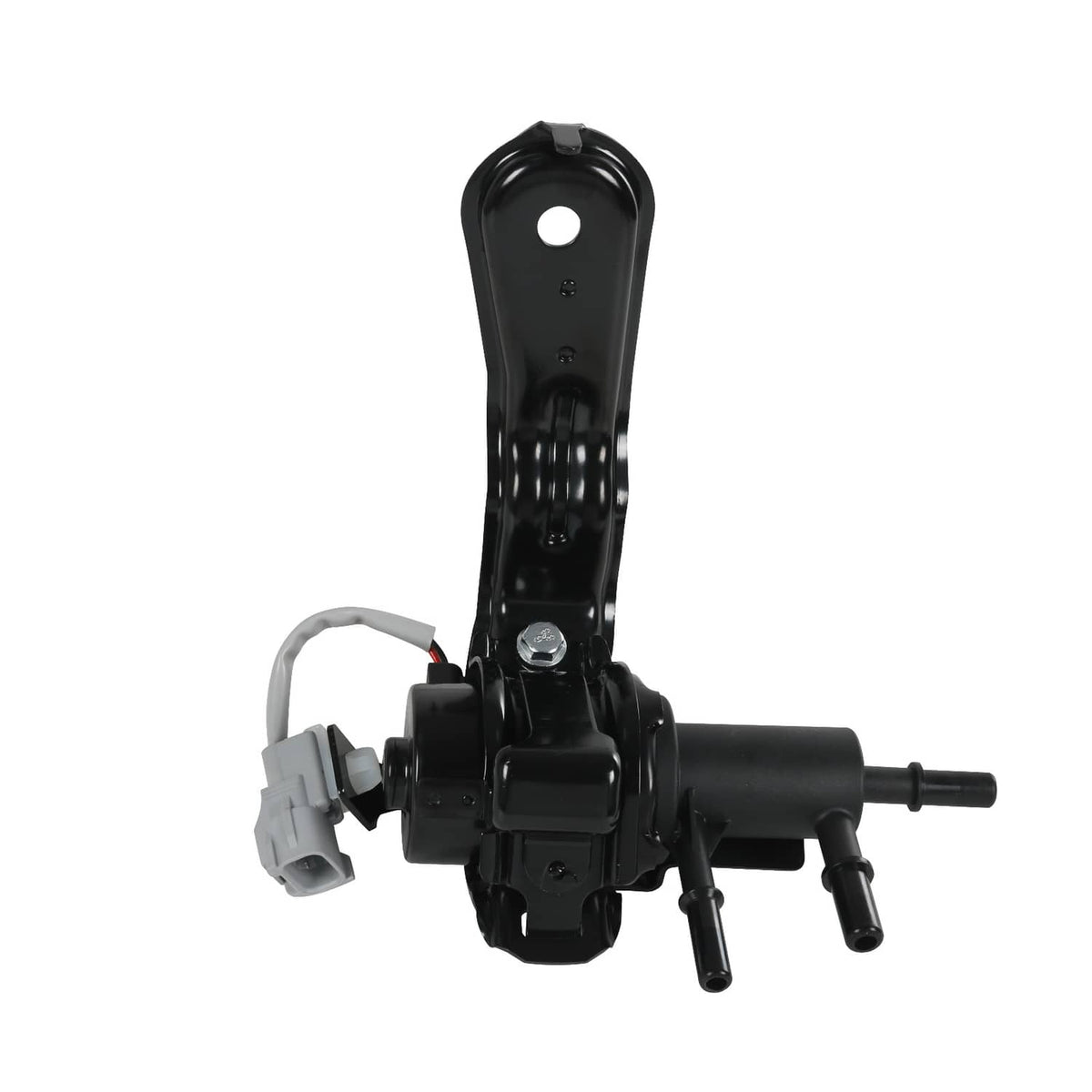 Black fuel tank valve assembly with tall mounting bracket and electrical plug